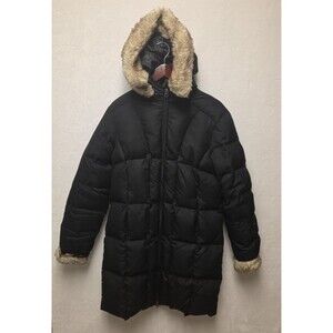 Quilted Women's Long Jacket Down Faux Fur Removable Hood & Cuffs Sz Large Black